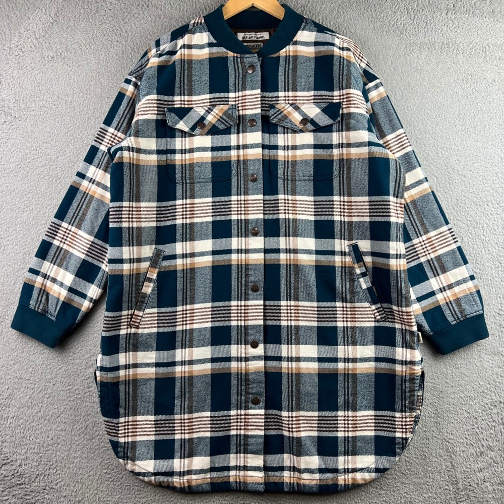 Duluth Trading Co Folklore Flannel Quilted Shirt Jacket Teal Plaid Womens L